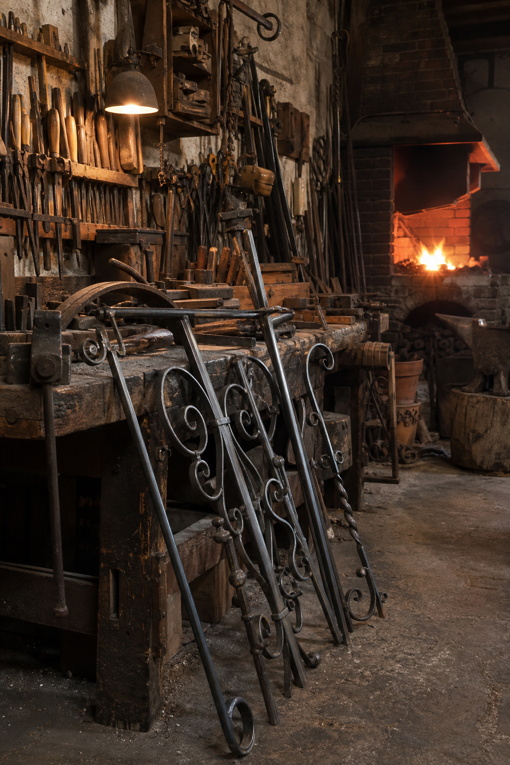 Interno dell'officina artigiana Balaustra con attrezzi da fabbro e forgia accesa