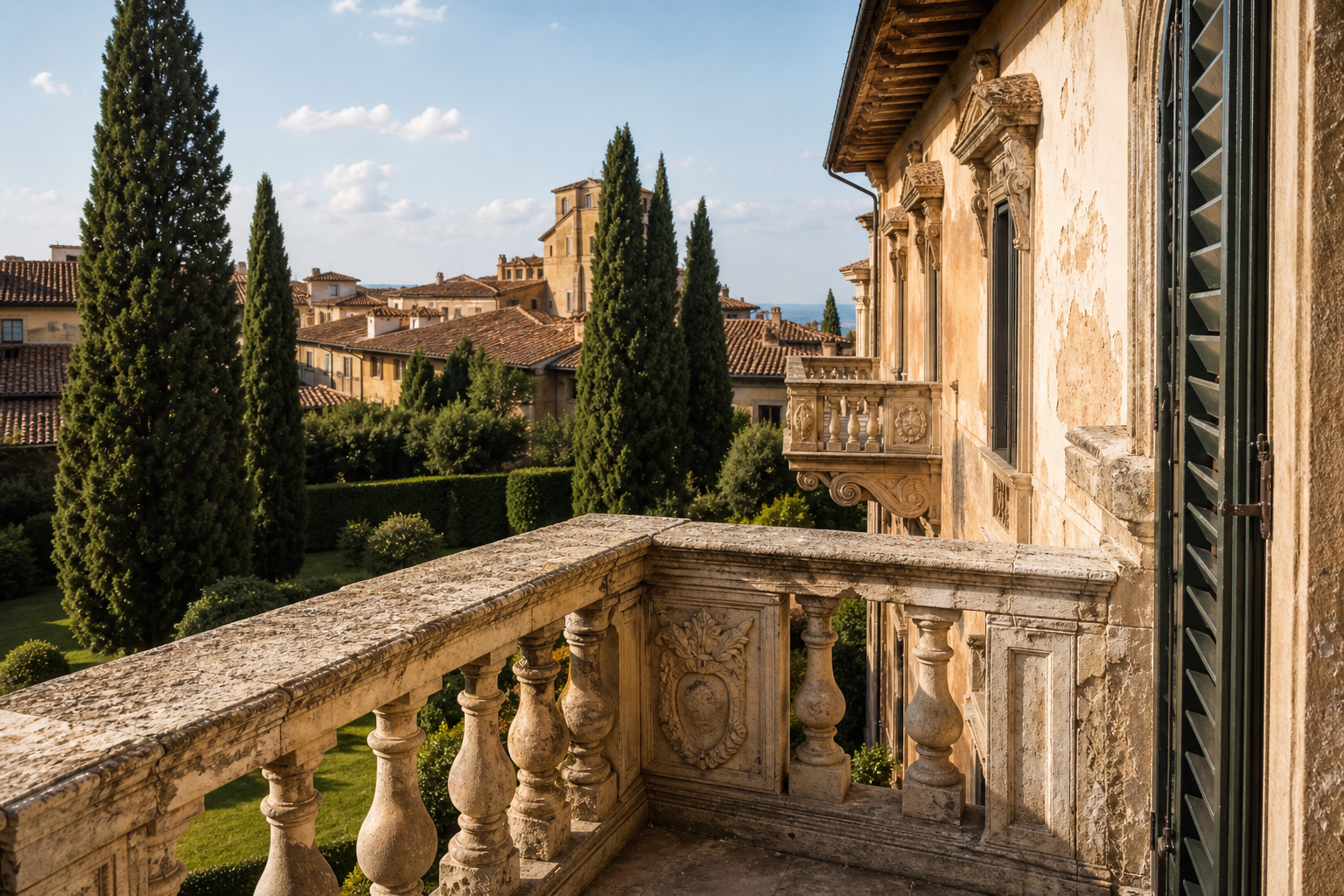 Balcone con balaustra in pietra su una facciata storica toscana, vista su un cortile verde