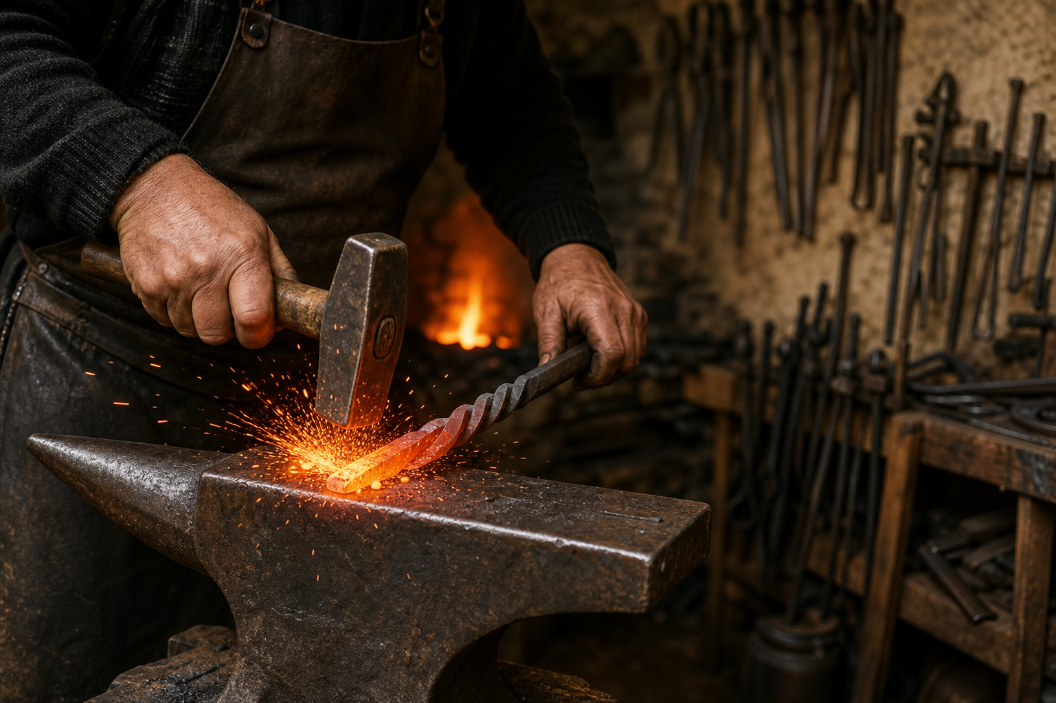 Fabbro al lavoro su una balaustra in ferro battuto forgiata a mano nell'officina Balaustra